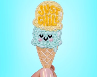 Just chill ice cream embroidered patches | kawaii ice cream message patch | lettering statement kawaii patch jacket accessory