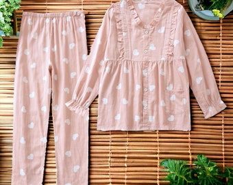 Pajama Set Women | White Pajama Set | Heart Pattern Cotton Pajama | Summer Sleepwear, Loungewear | Bridal Party Pajamas | Bridal Pajama Set
