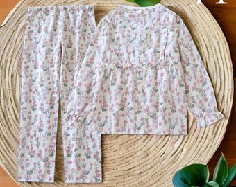 Lindo conjunto de pijama de algodón puro estampado / conjunto de pijama de mujer / ropa de dormir de gasa / estampado floral / ropa de verano para el hogar / ropa de salón de primavera, ropa de dormir