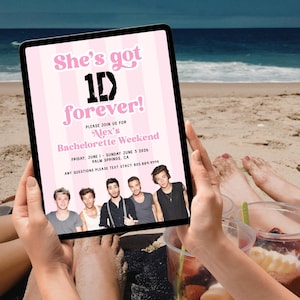 May include: A digital invitation on a tablet screen featuring a light pink and white vertical striped background. The text reads She's got 1D forever! Please join us for Alex's Bachelorette Weekend, June 1-3 2026, Palm Springs, CA, 805.889.9999.