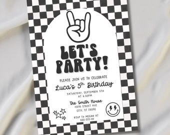 Black Checkered Let's Party! Birthday Invitation Template