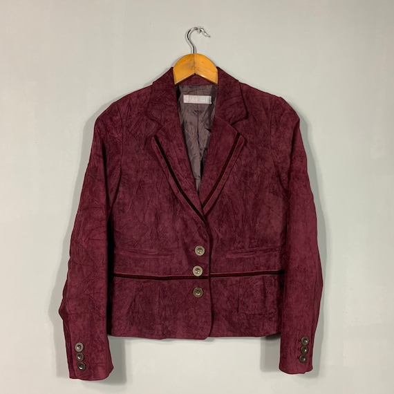 Vintage Womens Velvet Blazer Jacket Coat Outwear Maroon Red Burgundy Smoking Jacket Large L Padded shoulders