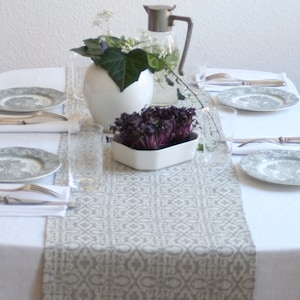 Peut inclure: Une nappe blanche avec un chemin de table à motif gris. Il y a quatre couverts avec des serviettes blanches, des couverts en argent et des assiettes à motifs verts et blancs. Un vase blanc avec des feuilles vertes et des fleurs blanches est placé au centre de la table, ainsi qu'une carafe en verre transparent et un bol blanc avec des pousses violettes.