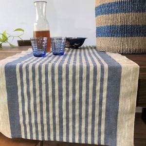 Linen table runner with a striped pattern in saturated colors: blue stripes, red stripes, yellow stripes, green stripes 50 x 140 cm image 1