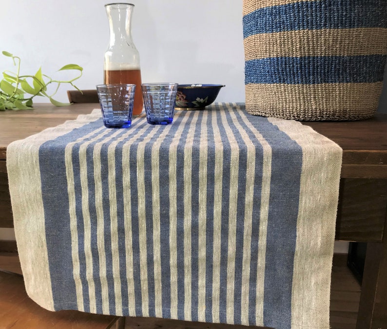 Linen table runner with a striped pattern in saturated colors: blue stripes, red stripes, yellow stripes, green stripes 50 x 140 cm image 1