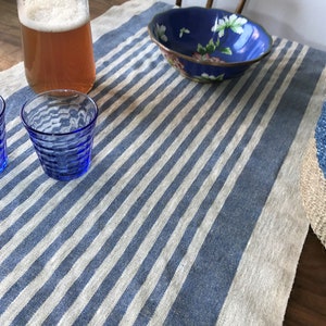 Linen table runner with a striped pattern in saturated colors: blue stripes, red stripes, yellow stripes, green stripes 50 x 140 cm image 2