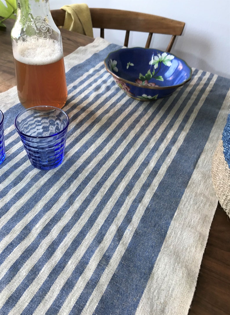 Linen table runner with a striped pattern in saturated colors: blue stripes, red stripes, yellow stripes, green stripes 50 x 140 cm image 2