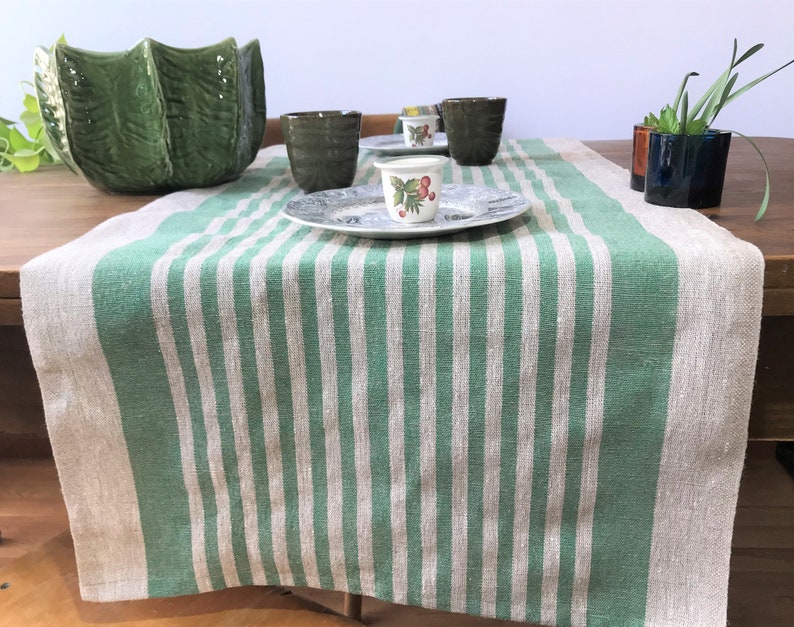 Linen table runner with a striped pattern in saturated colors: blue stripes, red stripes, yellow stripes, green stripes 50 x 140 cm image 3