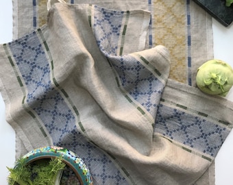 Two linen kitchen towels with old patterns in yellow and blue from the Baltics. Great housewarming gift & birthday gift. Sustainable.