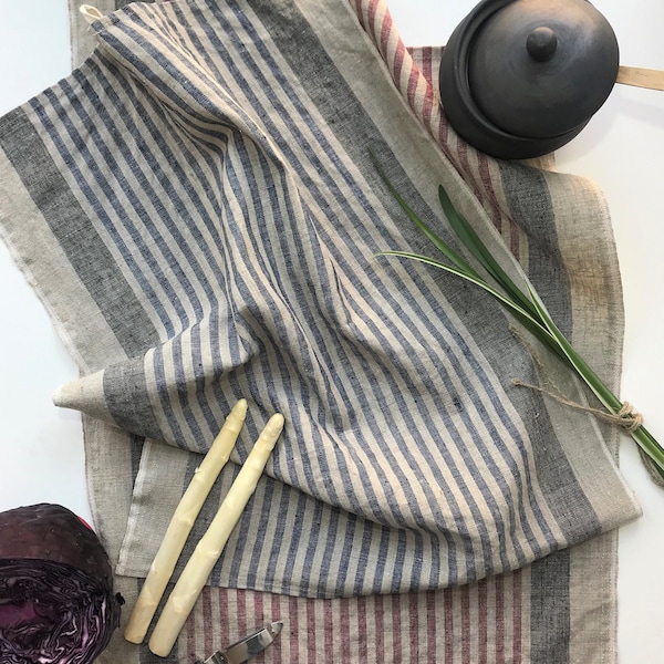 Two high-quality linen kitchen towels with stripes in red and blue from the Baltics. Great housewarming gift & wedding gift.