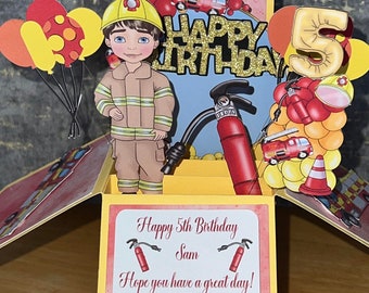 Fire fighter birthday card, kids cards, childrens birthday card, Fire engine card, pop up box card