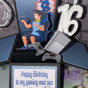 Boys and girls gaming card, birthday gamers pop up box cards, gaming fans greeting cards
