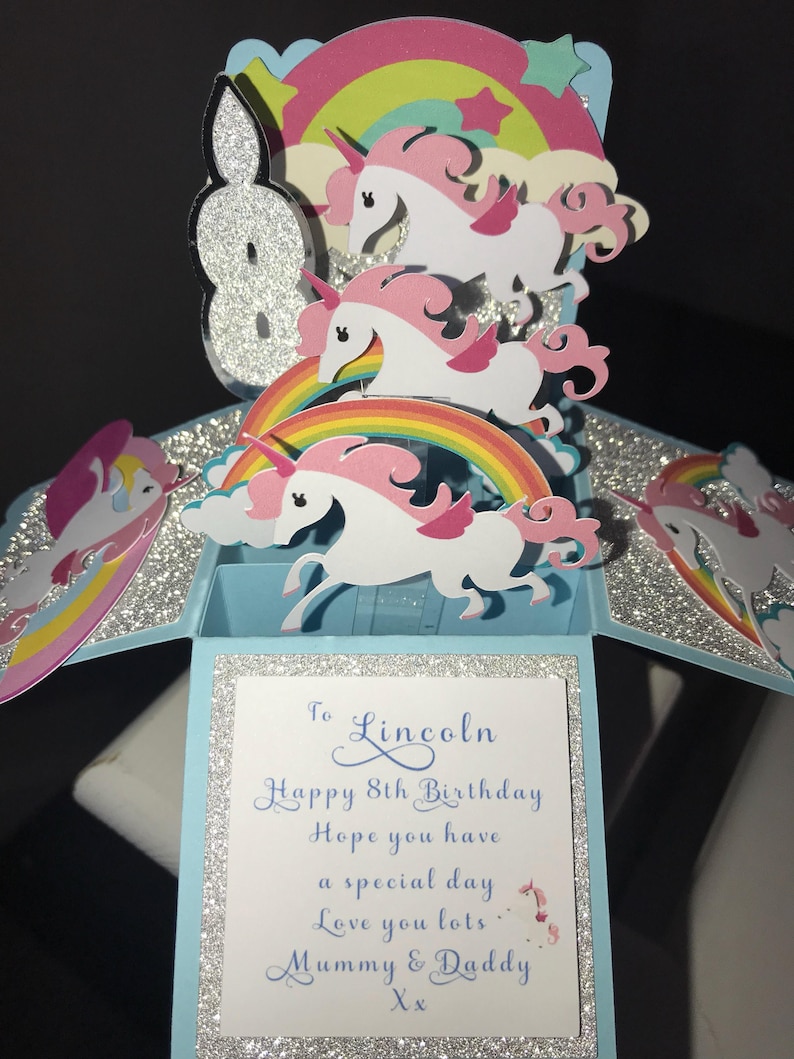 Unicorn card, unicorn birthday card, 3d pop up box cards, unicorns, rainbows, special birthday cards 