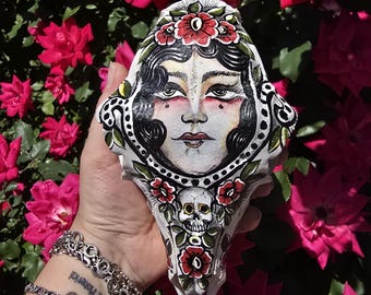 Hand-Painted Sheep Skull: American Traditional Tattoo Art, 10 Inch