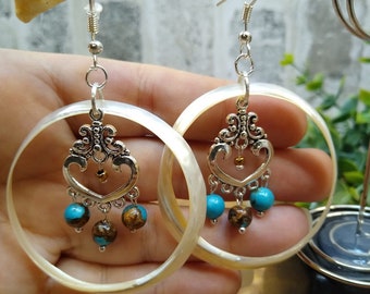Mother of Pearl hoops with Bronzite Turquoise