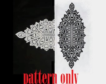 May include: Black and white crochet pattern for a table runner or doily. The pattern features a large, intricate design with a central motif that resembles a stylized flower or a peacock feather. The text "pattern only" is visible at the bottom of the image.