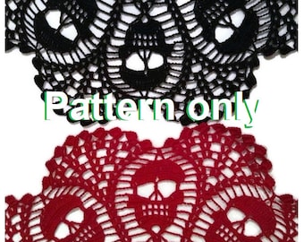 May include: A crochet pattern for a skull-shaped doily. The pattern is available in black and red.