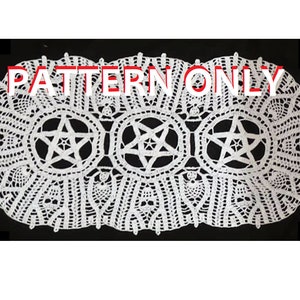 May include: White crochet doily with three five-pointed stars in the centre. The doily has a scalloped edge and is made with a delicate stitch. The text "PATTERN ONLY" is written in red letters across the top of the doily.