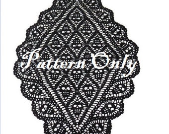 May include: Black crochet doily with a diamond pattern and a scalloped edge. The doily has a "Pattern Only" text overlay.