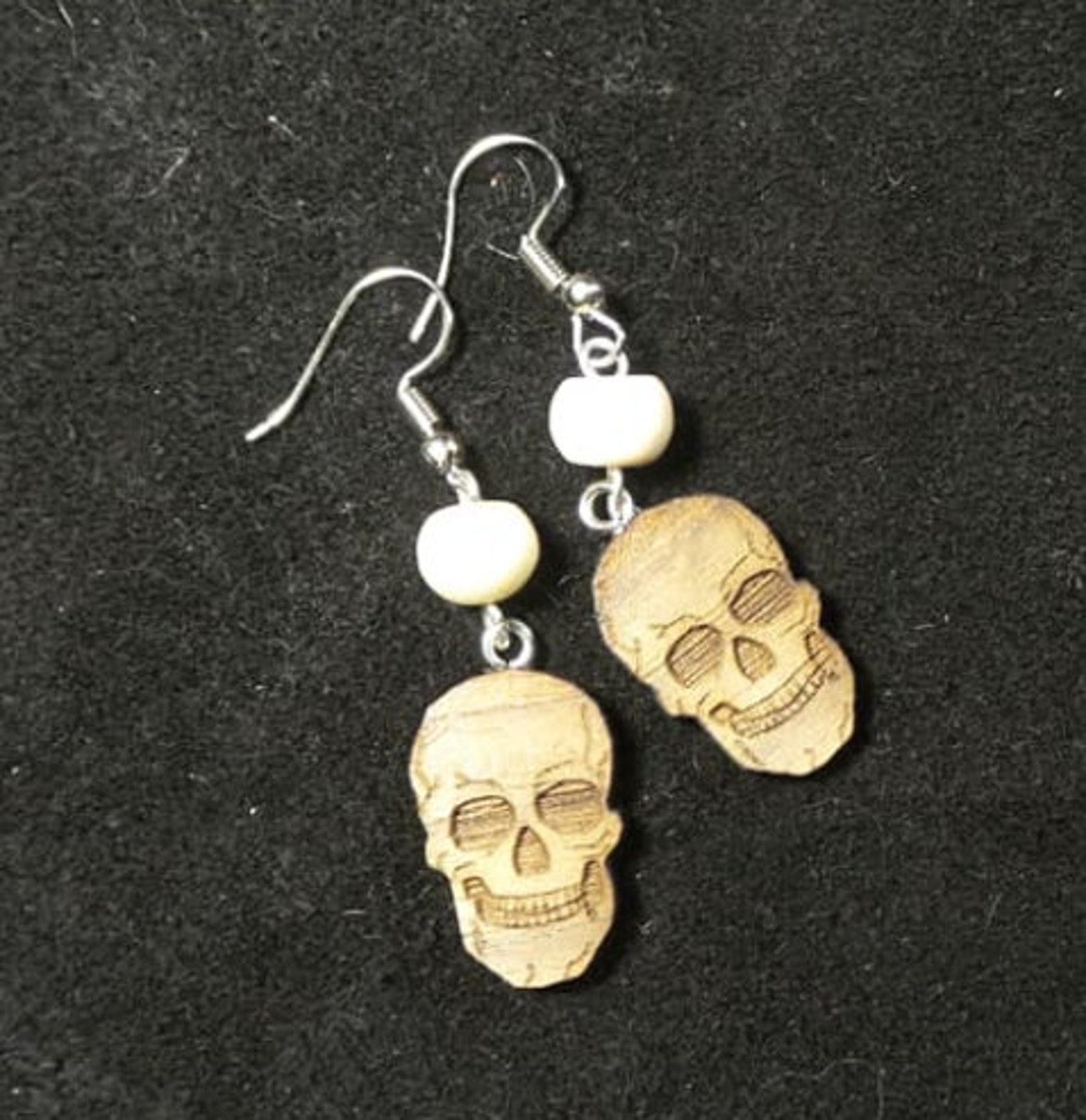 Bone Beaded Earrings Wooden Skull Earrings Skull and Beeded | Etsy
