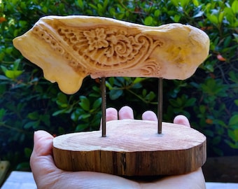 Carved Calcaneus Bone from a Cow - Floral Bone Carving - Carved Cow Bone