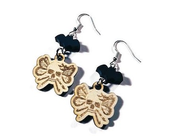 Laser Cut Wooden Skull Earrings: Bat & Resin Bead Dangle Earrings