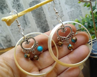 Mother of Pearl hoops with Bronzite Turquoise