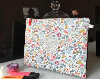 Pochette Ipad pro 11 pouces, housse ipad Liberty, tissu liberty Betsy, étoile pailletée argent