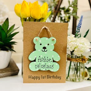 Carte d'anniversaire personnalisée 1er anniversaire - souvenir en bois TEDDY sur une carte d'anniversaire