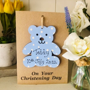 Personalisierte Taufkarte teddybär mit abnehmbarem Holz-Andenken Geschenk