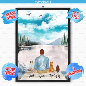 May include: A watercolor painting of a man with three pets sitting on a dock overlooking a lake. The man is wearing a blue shirt and jeans. The pets are a cat, a dog, and a cat. The painting has a blue sky with white clouds and a green forest in the background. The names "Jack", "Sam", "Tiger", and "Lily" are written below the figures.