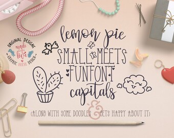 Font Duo, Lemon Pie Small and FunFont Capitals, Extra Doodles, hand lettered fonts, hand made fonts, script font, modern fonts, cute fonts