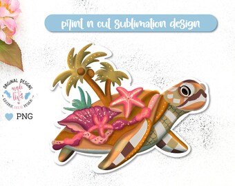Sea Turtle with Tropical Island Sublimation Print n Cut Design - Sea Turtle Clipart, Sea Turtle Sublimation, Sea Animals Print n Cut