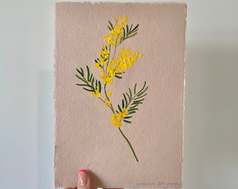 Mimosa flower painting, hand painted onto hand made blush paper, A5, acrylic gouache