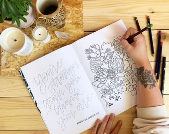 A4 COLOURING BOOK. Flowers and Calligraphy Colouring Book. Calligraphy practice. Flowers colouring in. Recycled paper.