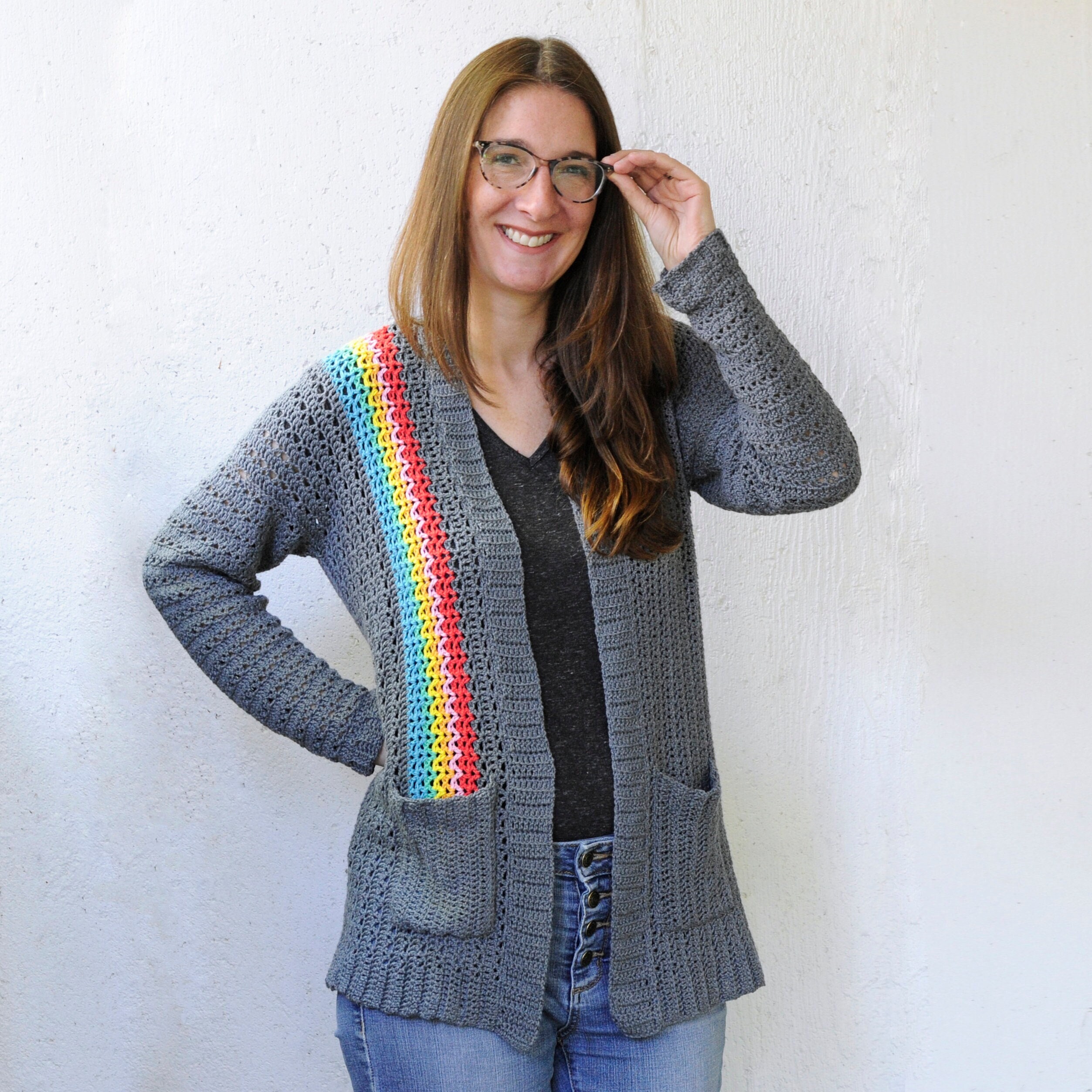 Rainbow In Your Pocket Crochet Cardigan pattern with plus sizes included
