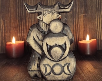 Cernunnos Goddess statue Pan Herne the hunter Horned god Cernun Triple moon Moon phase art Gaia Moon phases Altar Norse Witch stuff