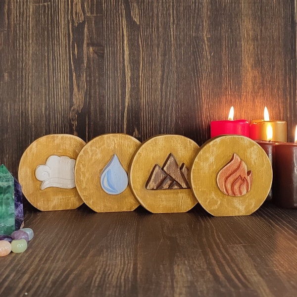 4 elements Water Fire Air Earth symbol Round wooden plaque Home Stand Witchcraft supplies Pagan decor Altar Wicca Witch alter Art Four SET