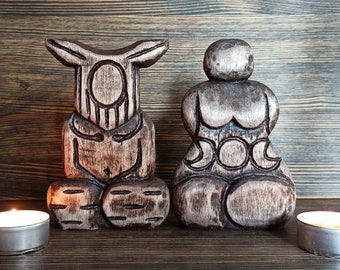 Cernunnos + Goddess statue | Horned god Triple moon Moon phase art Yggdrasil Gaia Moon phases Witch altar Witchcraft art Doll Figurine