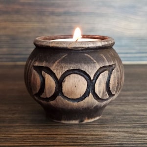 Candle plate Holder Tray Stick Tealight Сauldron Wooden Triple moon Wiccan Décor Pagan Witch Altar