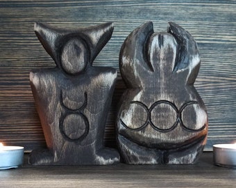 Horned god + Goddess statue | Cernunnos Triple moon Moon phase art Yggdrasil Gaia Moon phases Witch altar Witchcraft art Doll Figurine