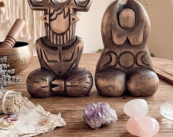 Cernunnos + Goddess statue | Norse statue Triple moon Moon phase art Yggdrasil Gaia Moon phases Witch altar Witchcraft Horned god