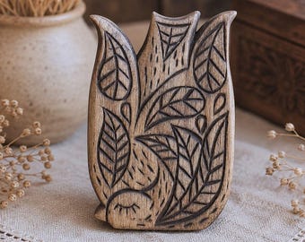 Oiseau en bois sculpté à la main - Figurine d'art populaire primitif, décoration rustique, style vintage