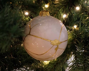 Kintsugi ceramic Christmas ornament, Japanese wabi sabi ball restored with gold, precious holiday gift