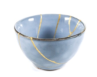 Small blue Kintsugi wabi sabi bowl, contemporary ceramic repaired with the Japanese Kintsukuroi technique, gold finish