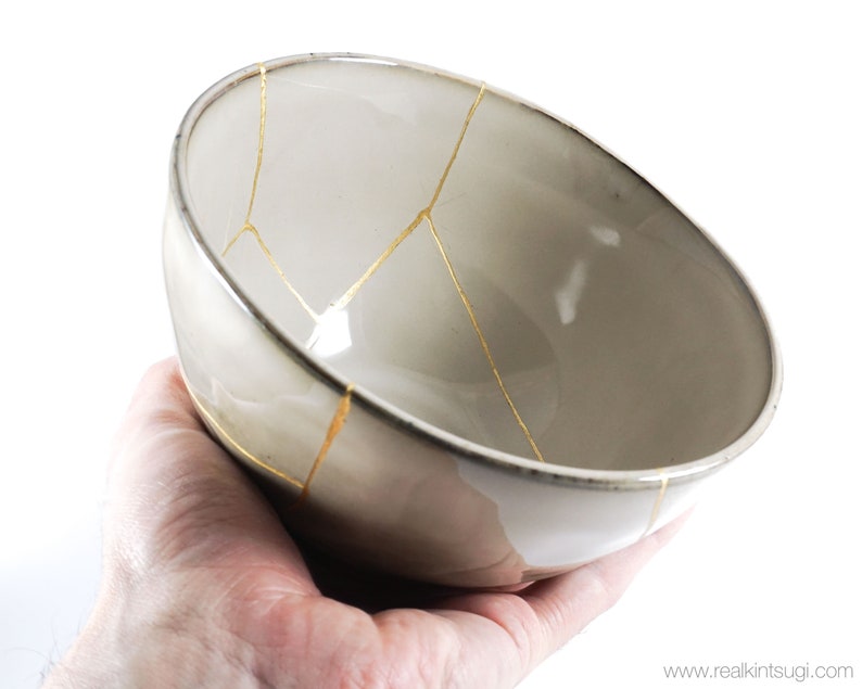 Kintsugi Beige Wabi Sabi Bowl Restored With Real 22K Gold - Etsy