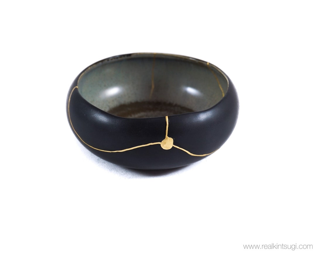 Black Wabi Sabi Bowl With Kintsugi Gold Repair, Japanese Ceramic ...