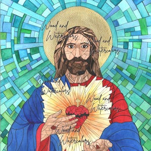 Sacred Heart of Jesus Stained Glass Painting - Digital Download
