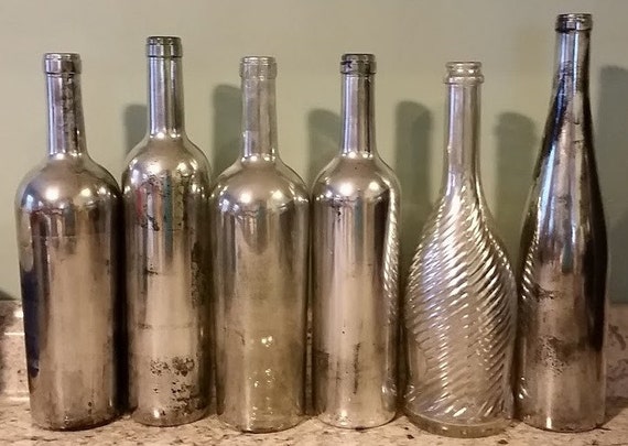 Silver Mercury Glass Hand Painted Wine Bottles Wedding Party Etsy