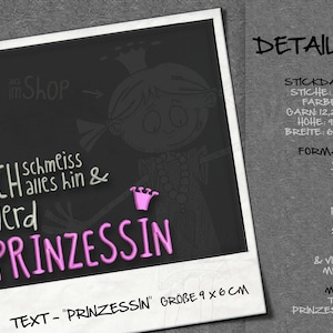 Könnte beinhalten: Eine Schwarzweißillustration eines Mädchens mit einer Krone auf dem Kopf. Der Text "Ich schmeiss alles hin & werd Prinzessin" ist in rosa Buchstaben geschrieben. Der Text "TEXT - "Prinzessin" GROBE 9 X 6 CM" ist in schwarzen Buchstaben geschrieben.
